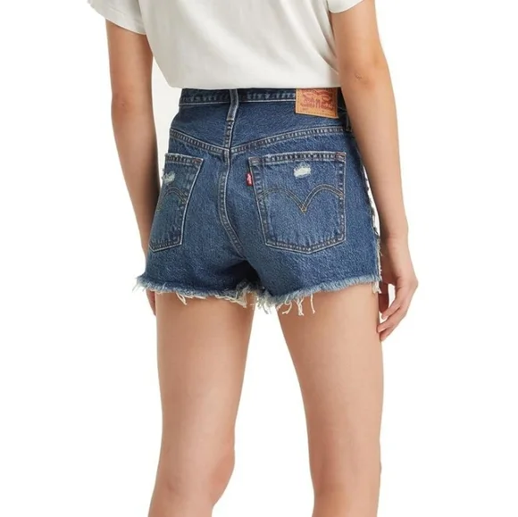 Levi 501 Blue Distressed Jean Shorts - Picture 3 of 9